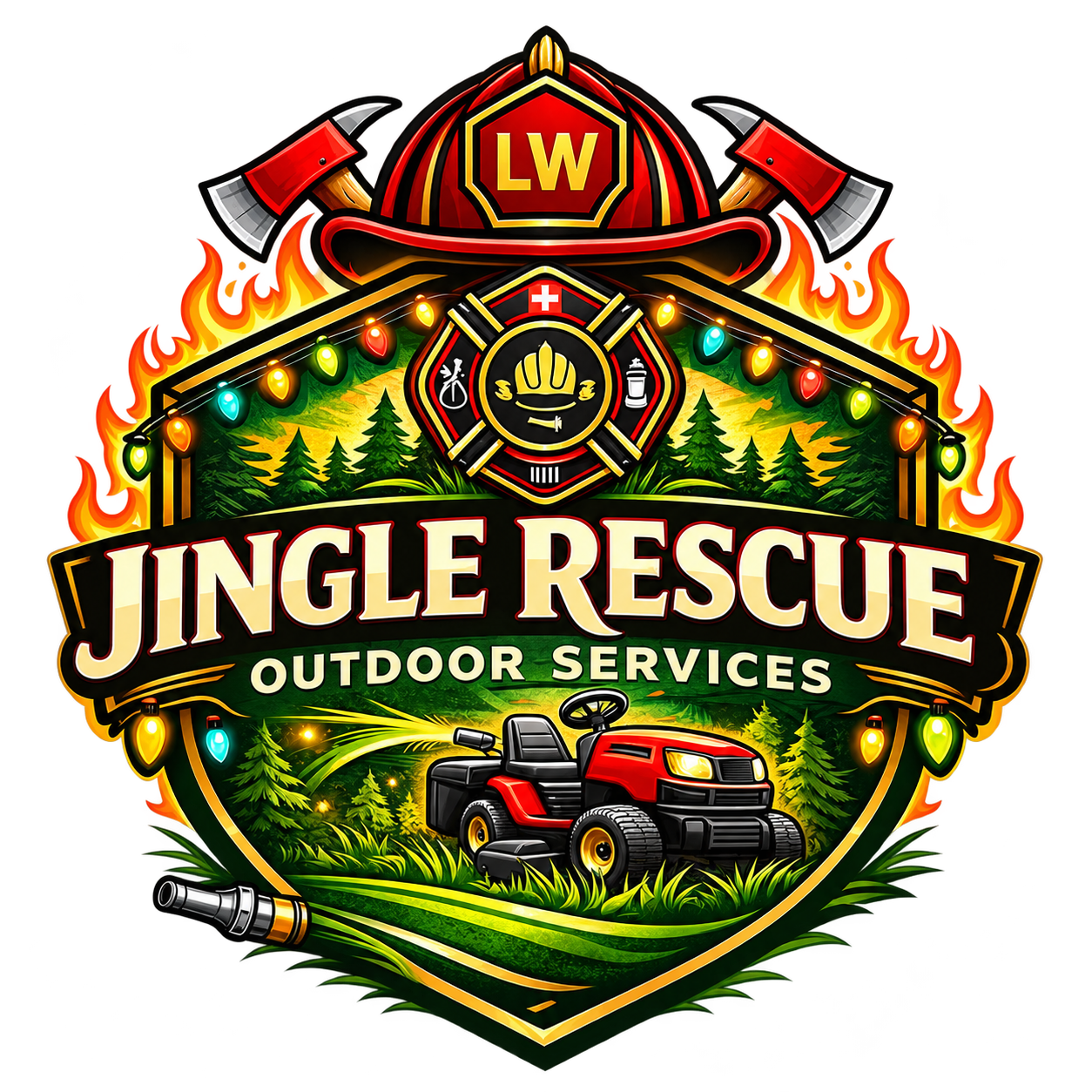 Jingle Rescue logo with firefighter helmet, holiday lights and lawn tractor